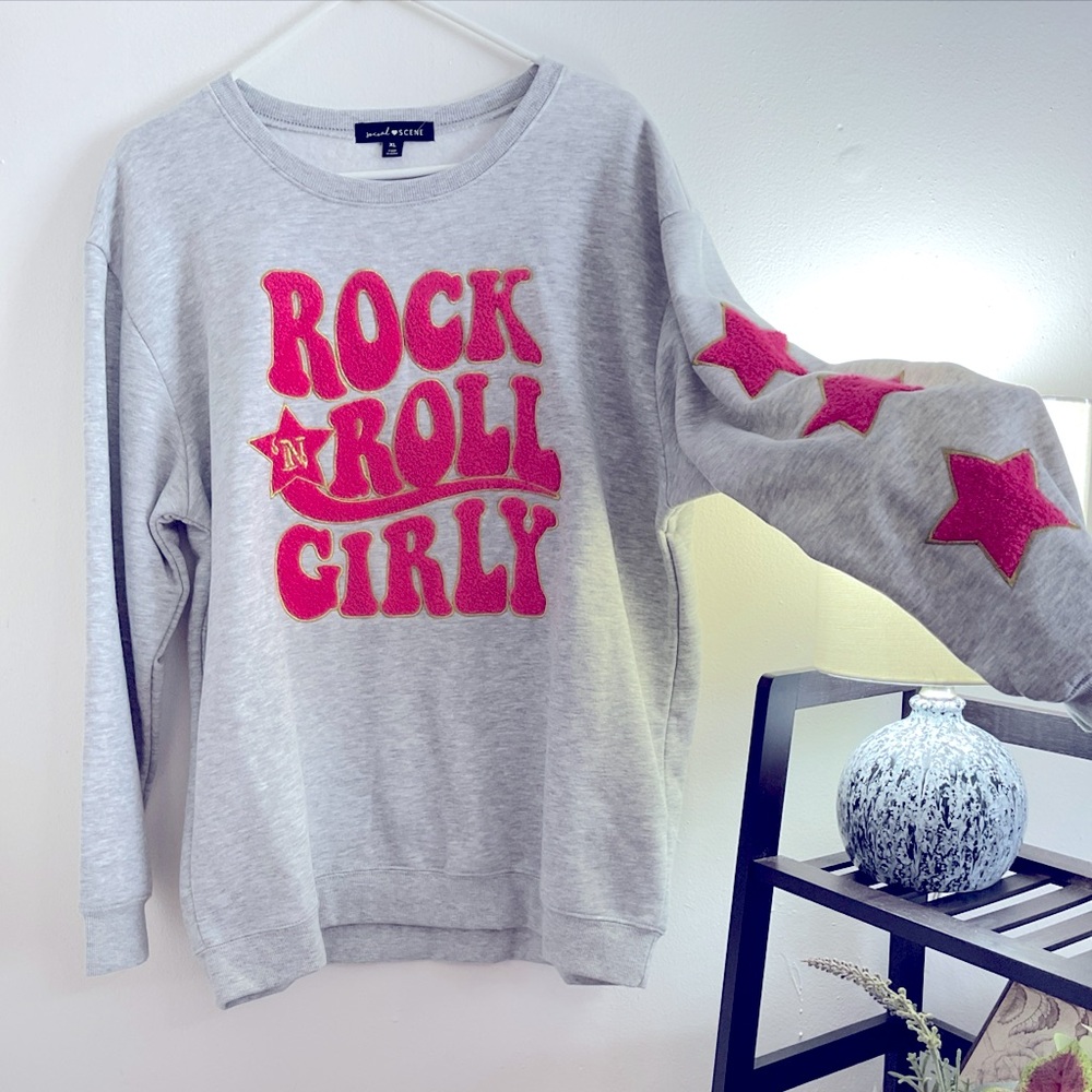 Social Scene Gray Sweatshirt with Pink Rock Design